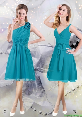 High End Chiffon Teal Knee Length Dama Dress with Ruching