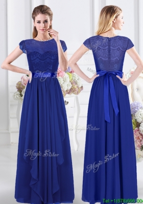 Modern Lace Bodice and Belted Royal Blue Dama Dress with Short Sleeves