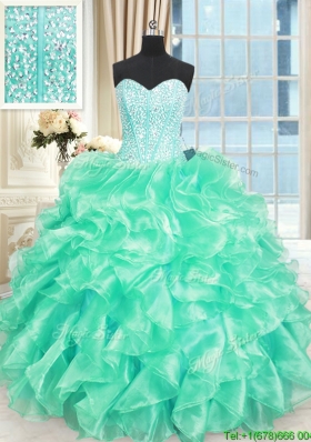 Cheap Visible Boning Beaded Bodice and Ruffled Quinceanera Dress in Turquoise