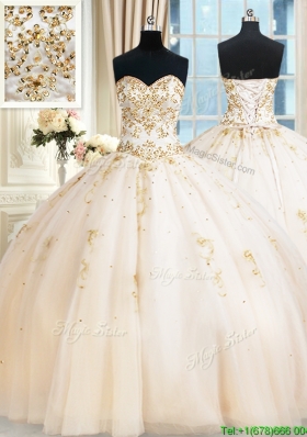 Top Seller Puffy Skirt Sweetheart Beaded Champagne Quinceanera Dress in Tulle