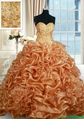 Fashionable Beaded and Bubble Organza Champagne Quinceanera Dress with Brush Train