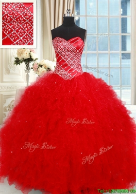 Modest Sweetheart Tulle Red Quinceanera Dress with Ruffles and Beading