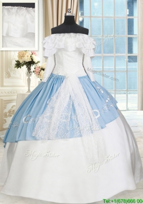 Perfect Off the Shoulder White and Light Blue Quinceanera Dress with Long Sleeves