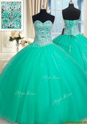 Pretty Big Puffy Sweetheart Beaded Bodice Turquoise Quinceanera Dress in Tulle