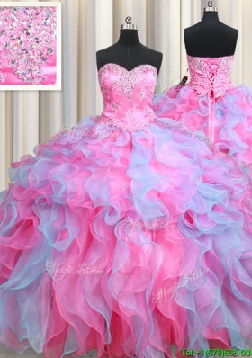 Most Popular Organza Rose Pink and Light Blue Quinceanera Dress with Ruffles