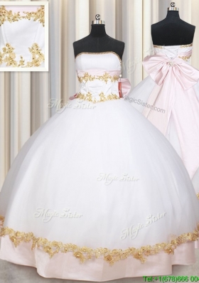 New Style Puffy Skirt Strapless Bowknot and Applique Quinceanera Dress in White