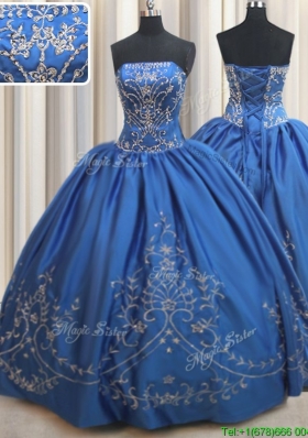 Pretty Strapless Stain Royal Blue Quinceanera Dress with Beading and Embroidery