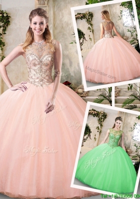 2017 Modest See Through Bateau Peach Quinceanera Dresses with Beading