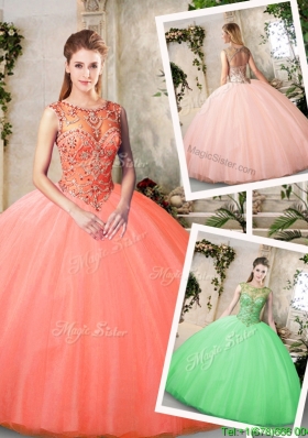 Inexpensive Big Puffy Bateau and Beading Quinceanera Dresses