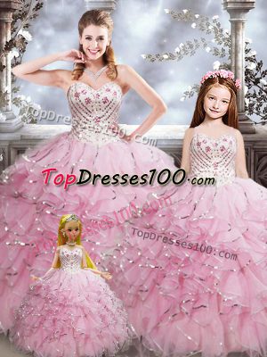 Dynamic Sweetheart Sleeveless Quinceanera Gowns Floor Length Beading and Ruffles Baby Pink Organza