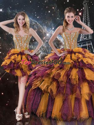 Cute Sleeveless Organza Floor Length Lace Up Ball Gown Prom Dress in Multi-color with Beading and Ruffles and Ruffled Layers