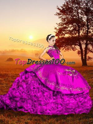 Edgy Fuchsia Ball Gowns Embroidery and Ruffles 15 Quinceanera Dress Lace Up Organza Sleeveless