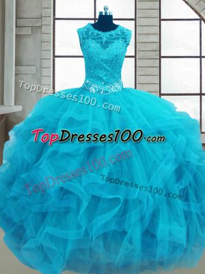 Sexy Floor Length Baby Blue Ball Gown Prom Dress Tulle Sleeveless Beading and Ruffles