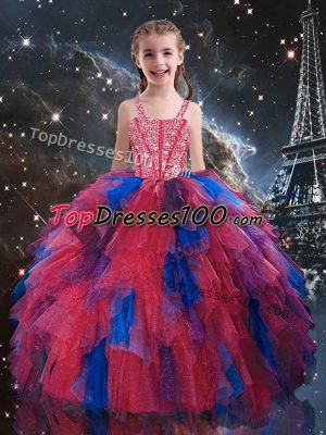 Coral Red Tulle Lace Up Child Pageant Dress Sleeveless Floor Length Beading and Ruffles