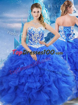 Beading and Ruffles Quinceanera Dresses Blue Lace Up Sleeveless Floor Length