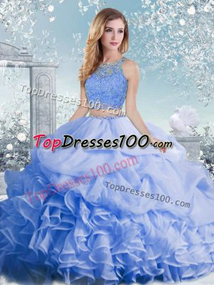 Baby Blue Clasp Handle Scoop Beading and Ruffles and Pick Ups Quince Ball Gowns Organza Sleeveless