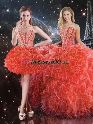 Sleeveless Floor Length Beading and Ruffles Lace Up Quinceanera Dress with Coral Red