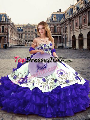 Designer Purple Sleeveless Embroidery and Ruffled Layers Floor Length Vestidos de Quinceanera