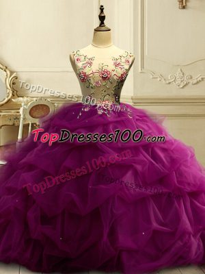 Scoop Sleeveless Vestidos de Quinceanera Floor Length Appliques and Ruffles and Sequins Fuchsia Organza