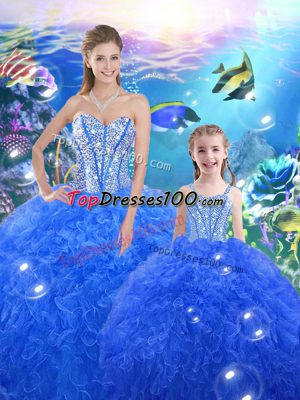 Colorful Blue Ball Gowns Sweetheart Sleeveless Organza Floor Length Lace Up Beading and Ruffles Ball Gown Prom Dress