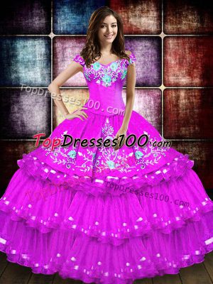 Excellent Fuchsia Sleeveless Floor Length Embroidery and Ruffled Layers Lace Up 15 Quinceanera Dress
