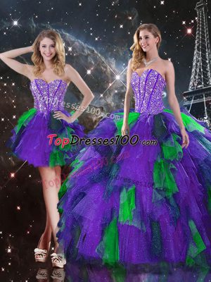 Hot Selling Multi-color Tulle Lace Up Quince Ball Gowns Sleeveless Floor Length Beading and Ruffles