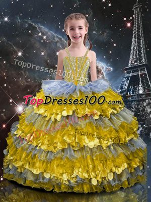 Custom Designed Floor Length Multi-color Teens Party Dress Organza Sleeveless Beading and Ruffled Layers