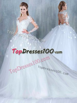 Pretty Court Train A-line Bridal Gown White Sweetheart Tulle Long Sleeves Backless