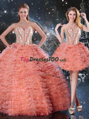 Watermelon Red Ball Gown Prom Dress Military Ball and Sweet 16 and Quinceanera with Beading and Ruffled Layers Sweetheart Sleeveless Lace Up