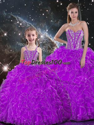 Cheap Sweetheart Sleeveless Organza Quince Ball Gowns Beading and Ruffles Lace Up