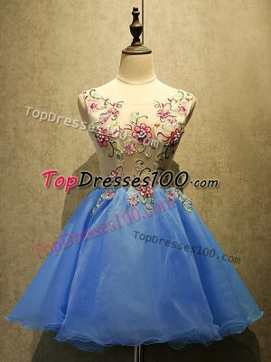 High End Blue Lace Up Dress for Prom Embroidery Sleeveless Mini Length