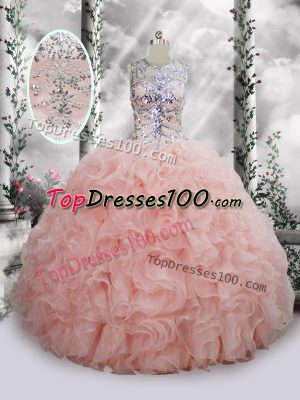 Graceful Baby Pink Sleeveless Organza Lace Up Quinceanera Dresses for Quinceanera