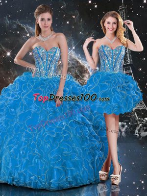Sleeveless Organza Floor Length Lace Up Ball Gown Prom Dress in Baby Blue with Beading and Ruffles