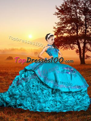 Adorable Baby Blue Sweetheart Lace Up Embroidery and Ruffles Ball Gown Prom Dress Brush Train Sleeveless