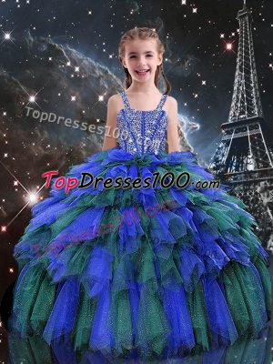 Blue Straps Neckline Beading and Ruffles Party Dress Wholesale Sleeveless Lace Up