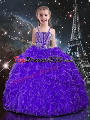 Eggplant Purple Organza Lace Up Straps Sleeveless Floor Length Girls Pageant Dresses Beading and Ruffles