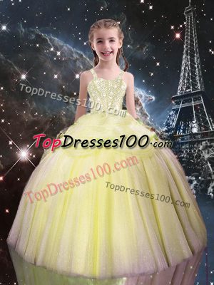 Straps Sleeveless Party Dress Floor Length Beading Light Yellow Tulle