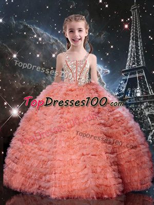 Ball Gowns Kids Pageant Dress Watermelon Red Straps Tulle Sleeveless Floor Length Lace Up