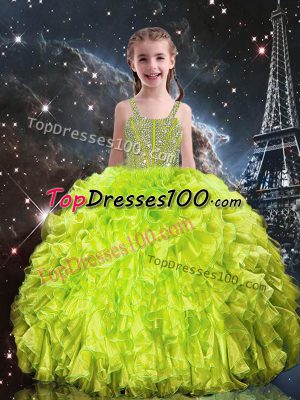 Cute Yellow Green Sleeveless Floor Length Beading and Ruffles Lace Up Little Girls Pageant Dress Wholesale