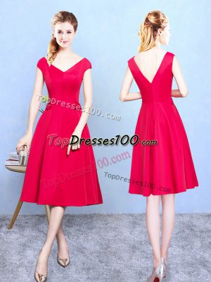 Extravagant V-neck Cap Sleeves Zipper Bridesmaids Dress Red Satin