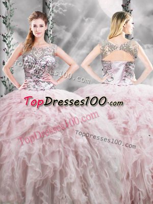 Scoop Sleeveless Zipper Sweet 16 Dresses Pink Tulle
