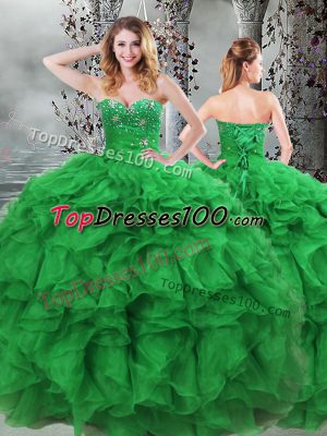Organza Sweetheart Sleeveless Lace Up Beading and Ruffles 15 Quinceanera Dress in Green