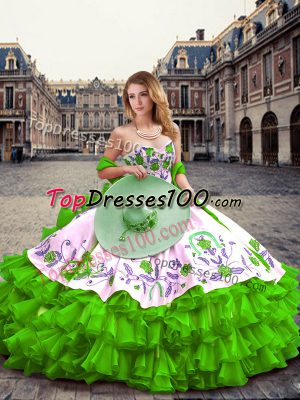 Sleeveless Organza Floor Length Lace Up Quinceanera Dresses in Green with Embroidery and Ruffled Layers