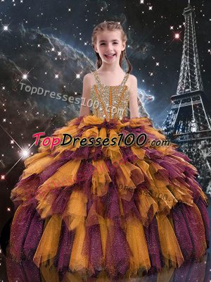 Sleeveless Tulle Floor Length Lace Up Little Girls Pageant Gowns in Orange with Beading and Ruffles