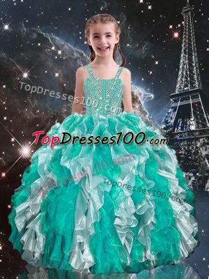 Gorgeous Beading and Ruffles Little Girl Pageant Dress Turquoise Lace Up Sleeveless Floor Length