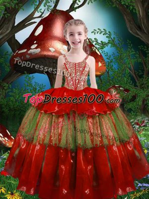 Affordable Red Lace Up Straps Beading and Ruffled Layers Girls Pageant Dresses Organza Sleeveless