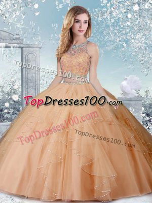 Custom Made Champagne Vestidos de Quinceanera Military Ball and Sweet 16 and Quinceanera with Beading Scoop Sleeveless Clasp Handle