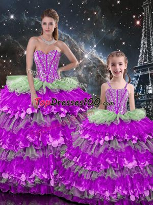 Dazzling Organza Sleeveless Floor Length Quince Ball Gowns and Beading and Ruffles