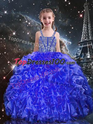 Royal Blue Organza Lace Up Girls Pageant Dresses Sleeveless Floor Length Beading and Ruffles