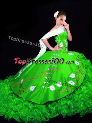 Decent Sweetheart Sleeveless Quinceanera Dresses Brush Train Embroidery and Ruffles Green Organza